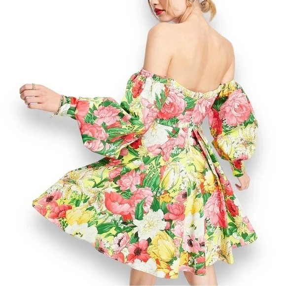 ASOS EDITION OFF SHOULDER MINI DRESS FLORAL PRINTS BALLOON SLEEVE BABYDOLL DRESS - Picture 7 of 17
